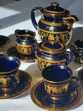 Spyropoulos Handmade Greek Cobalt Blue/24K Gold Trim Tea Set  MUST SEE! EUC